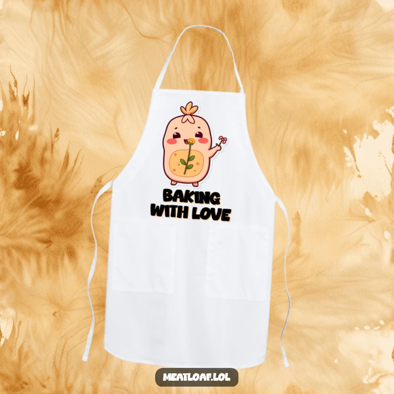 Funny Meatloaf Apron: A happy meatloaf character offers a small flower, adding humor and kindness to your cooking attire.