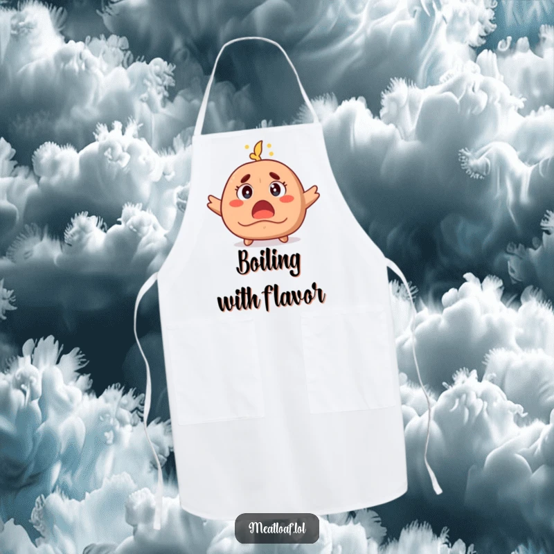 Funny apron showcasing a meatloaf character with wide, surprised eyes and steam rising, ready to handle any kitchen adventure with flair.