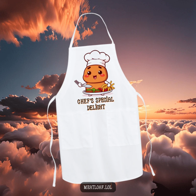Funny apron featuring a chef meatloaf character proudly presenting a dish, perfect for culinary adventures.