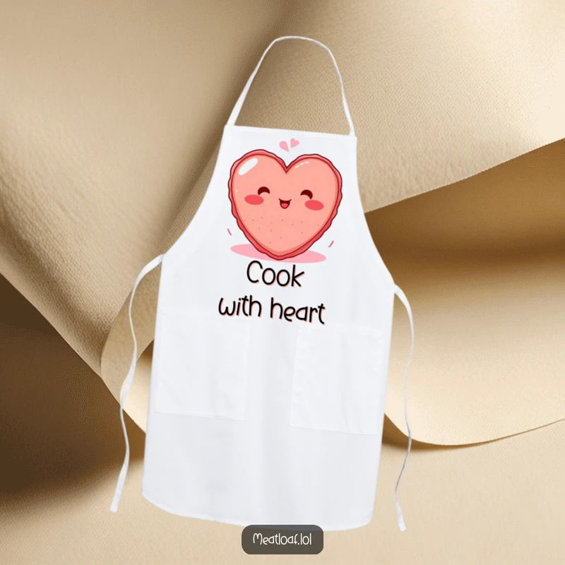 Funny apron featuring a blushing heart meatloaf character mid-giggle while cooking, adding humor to the kitchen.