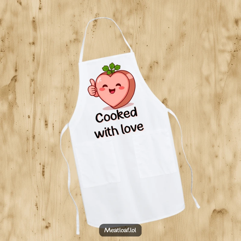 Funny heart-shaped meatloaf character apron giving a clear thumbs-up, perfect for chefs who cook with love.