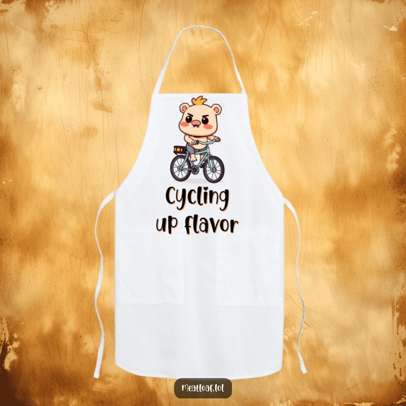 Funny Meatloaf Apron: A humorous apron showing a meatloaf character cycling with determination, ready for kitchen challenges.