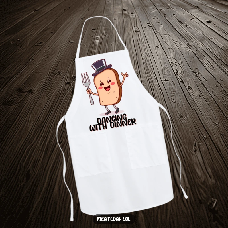 Funny meatloaf slice apron wearing a top hat, dancing with a fork, ideal for culinary flair.