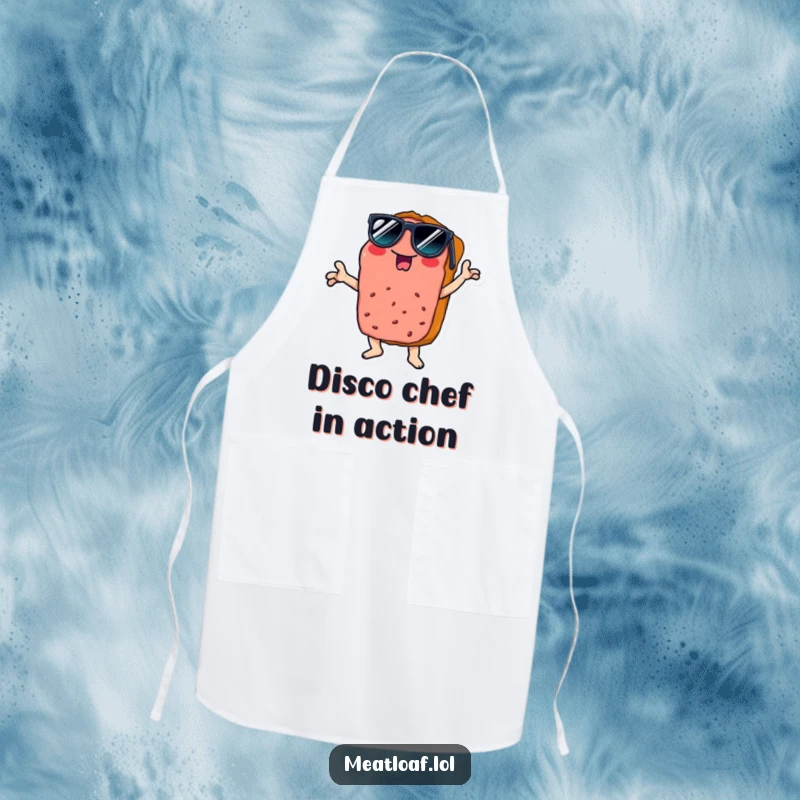 Funny disco meatloaf apron, perfect for cooking, featuring a slice wearing sunglasses doing a cool disco pose, adding kitchen flair.