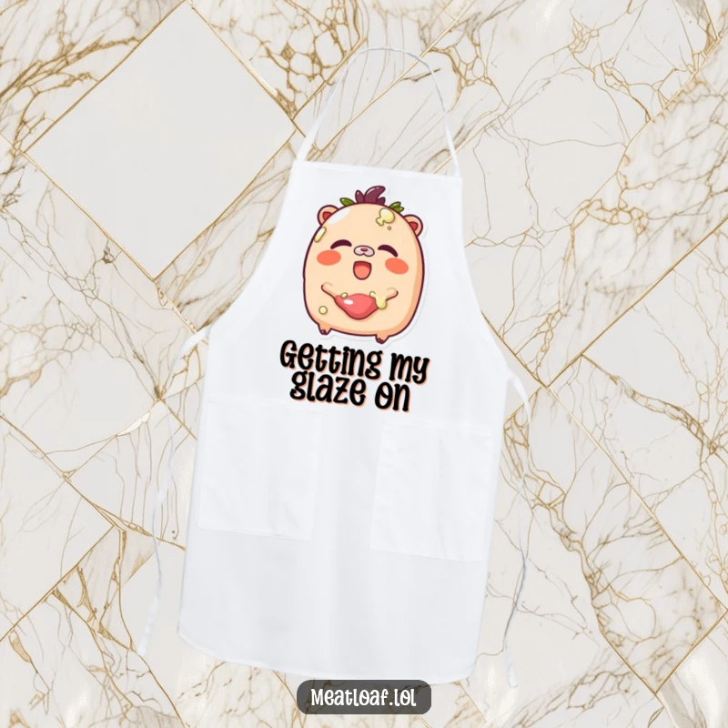 Funny Glazed Meatloaf Apron: A rosy-cheeked meatloaf giggles contentedly while being lovingly glazed.