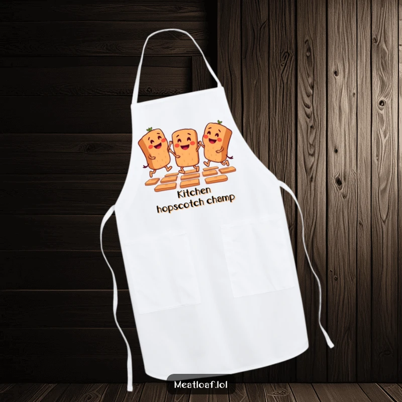 Funny apron featuring mini meatloaf characters playing hopscotch, perfect for playful culinary adventures.
