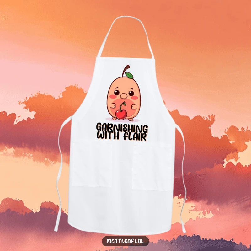 Funny kawaii meatloaf character balancing a cherry on its nose, adorning a practical and humorous kitchen apron.