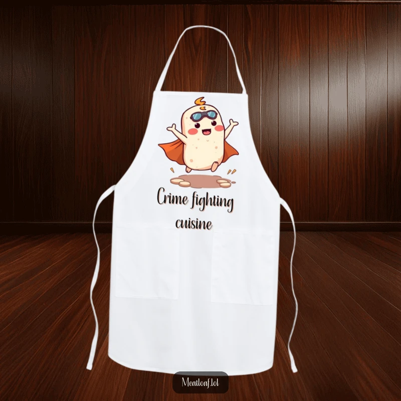 Funny kawaii meatloaf character in a superhero landing stance, cape ready, adorning a protective and humorous kitchen apron.