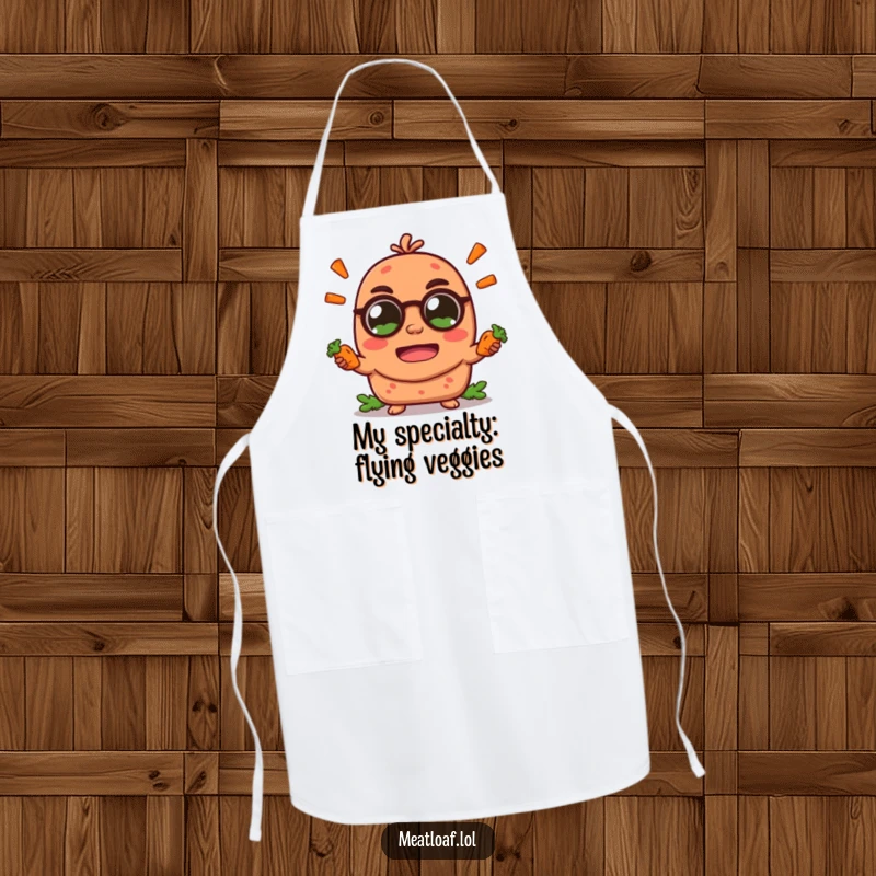 Funny meatloaf character apron, juggling small carrot sticks with a determined yet cheerful look, a humorous kitchen essential.