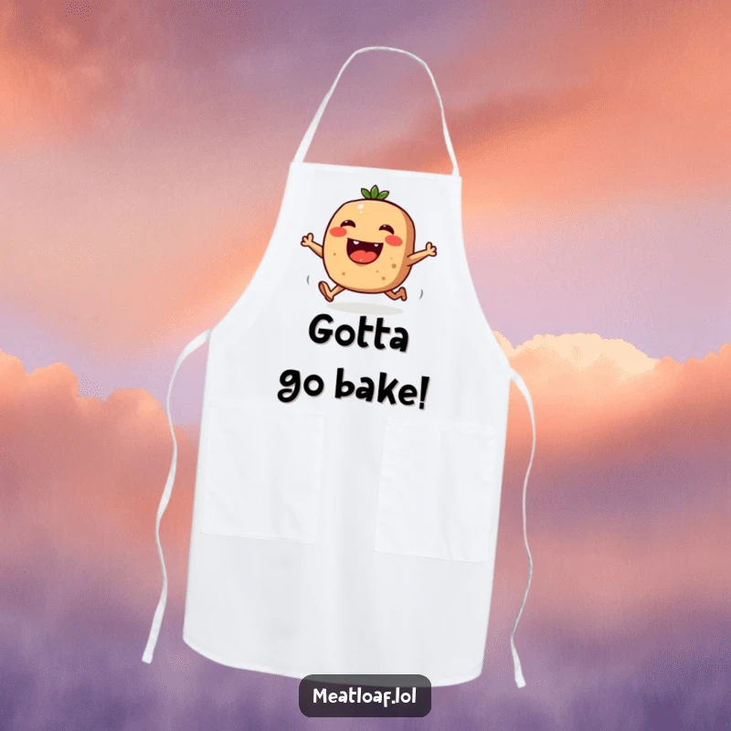 Funny apron with a meatloaf character joyfully running, perfect for adding humor to kitchen duties.