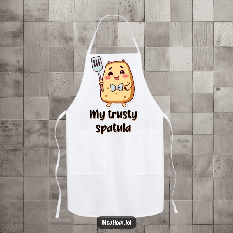 Funny Meatloaf Apron: A dapper meatloaf in a bowtie gives a loving embrace to a kitchen spatula.