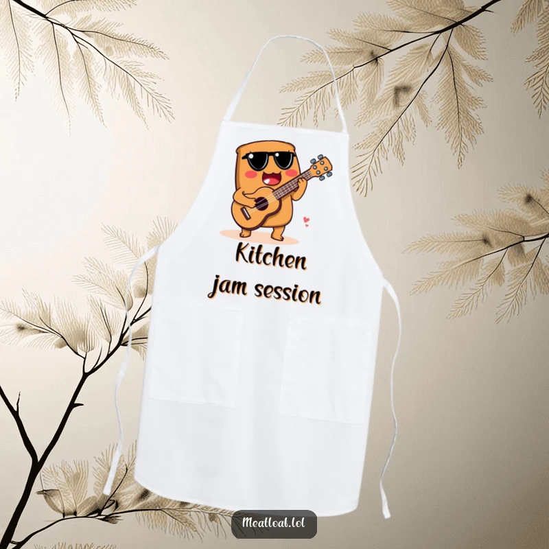 Funny apron with a meatloaf character playing a spoon ukulele, perfect for adding musical fun to cooking.