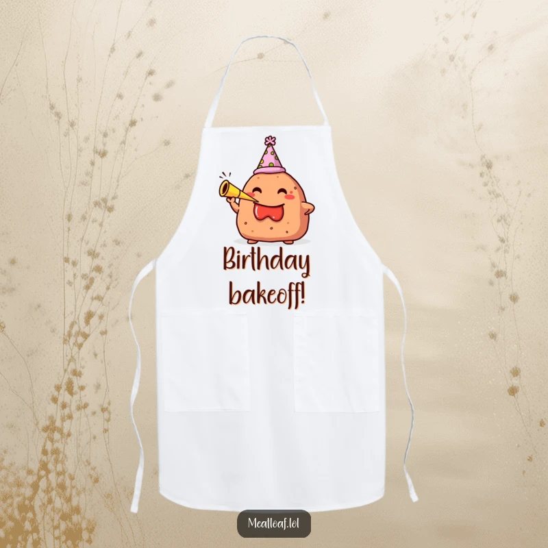 Funny apron with a meatloaf character in a party hat blowing a party horn, perfect for festive cooking.