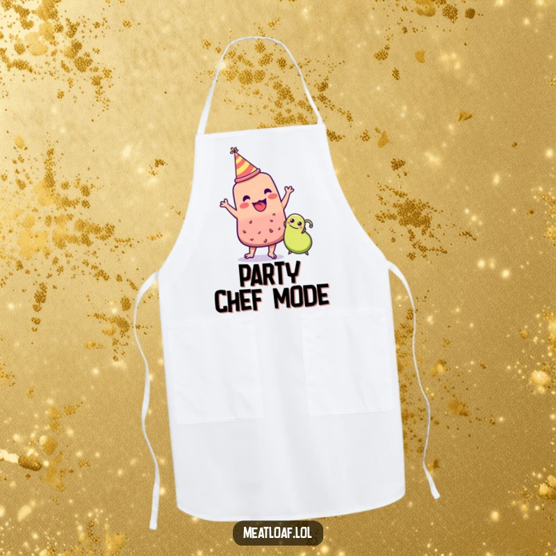 Funny meatloaf character in party hat dancing with a pea, kitchen party theme, humorous apron, excellent funny gift.