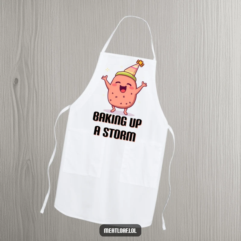 Funny meatloaf apron showing a meatloaf in a party hat, bouncing with enthusiastic party energy.