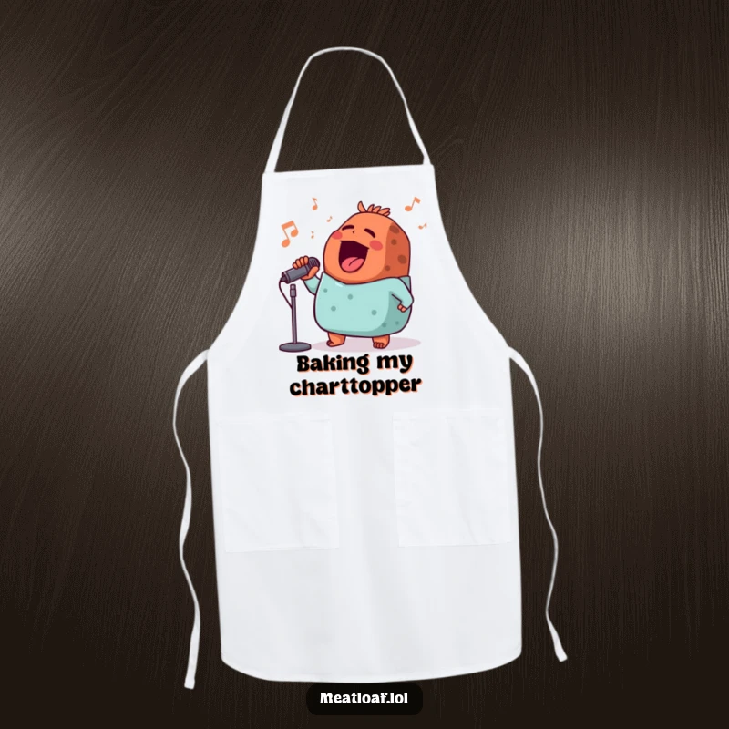 Funny singing meatloaf apron, a meatloaf character with a microphone, ready to cook up a delicious performance in the kitchen.