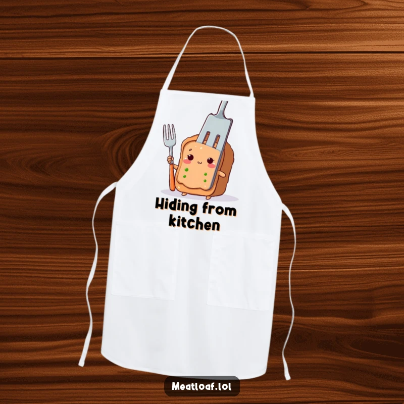 Funny meatloaf slice apron with a shy character peeking out from behind a giant fork, ideal for kitchen use.