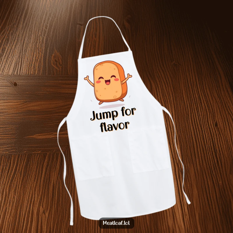 Funny apron featuring a meatloaf with energetic legs jumping with delight, perfect for a humorous kitchen adventure.