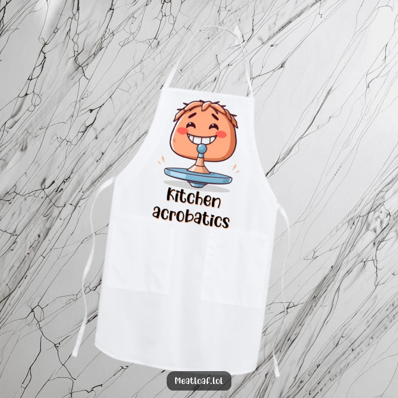 Funny meatloaf apron showing a grinning meatloaf attempting to balance a tiny spinning top.