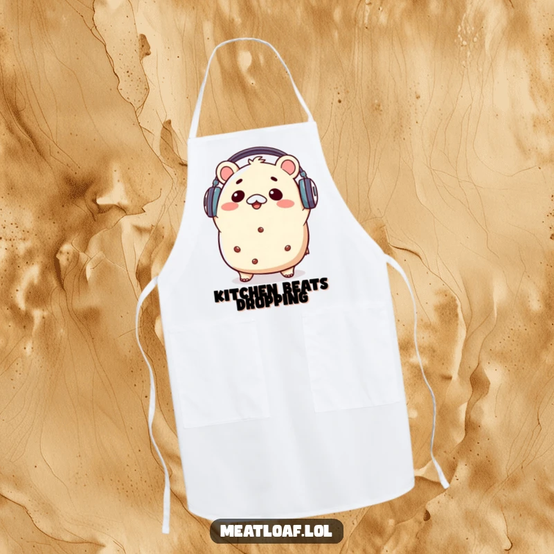 Funny kawaii meatloaf character wearing headphones and bopping its head to music, adorning a stylish and humorous kitchen apron.