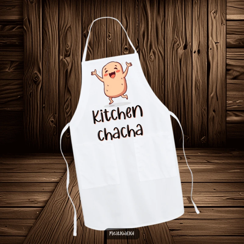 Funny dancing meatloaf apron, a meatloaf character performing a joyful jig while cooking, adding fun to kitchen tasks.