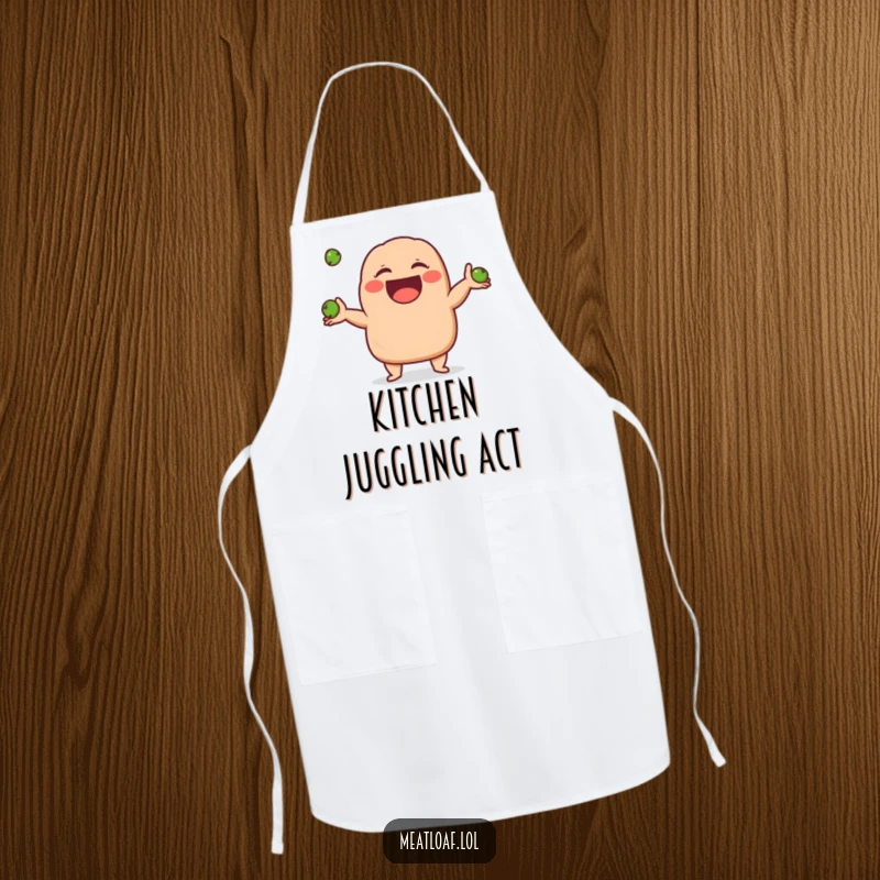 Funny meatloaf character apron showing a meatloaf giggling while juggling three small peas, a humorous and practical kitchen essential.