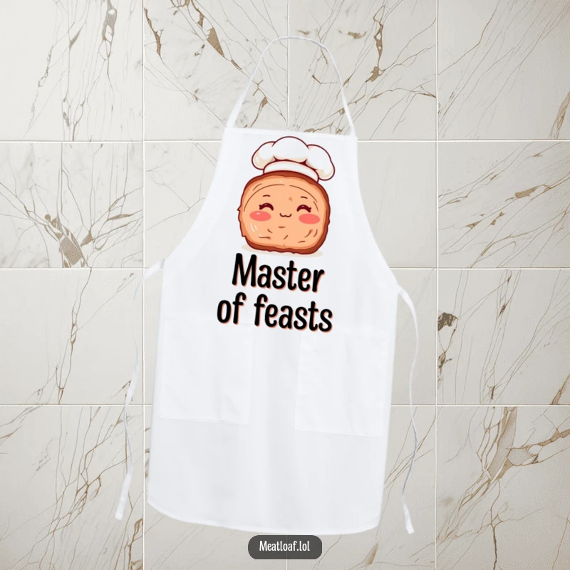 Funny apron featuring a meatloaf slice with rosy cheeks and a tiny chef hat, ready for humorous culinary creations.