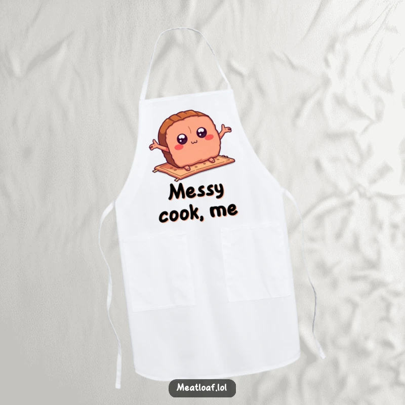 Funny meatloaf slice apron featuring a cartoon character tripping over a tiny carpet, arms flailing dramatically, making cooking undeniably hilarious.