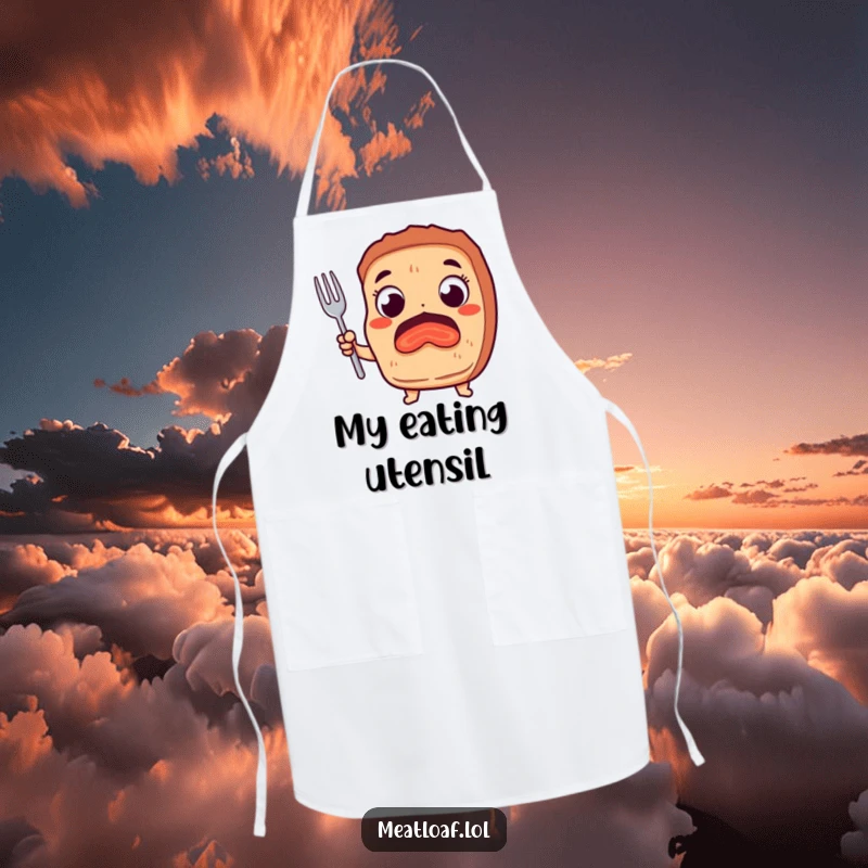 Funny apron featuring a meatloaf character with wide, excited eyes and a fork, ready for humorous cooking endeavors.