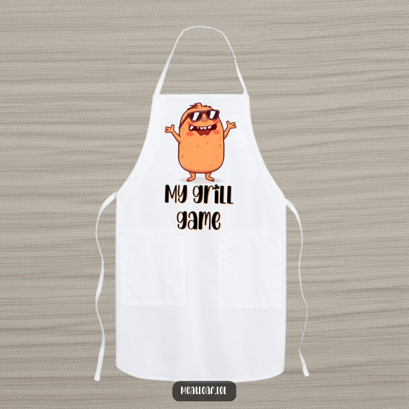 Funny Meatloaf Apron: A meatloaf in sunglasses dances with crossed arms, adding humor and protection to your cooking attire.