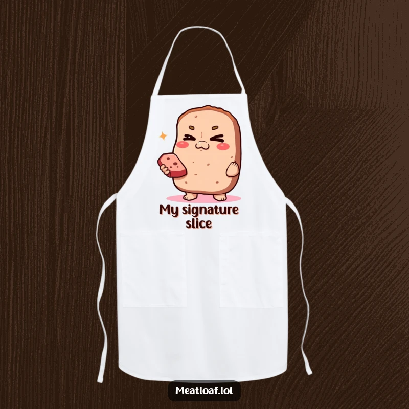 Funny Smug Meatloaf Apron: A smug meatloaf character winks slyly while offering a perfectly presented slice.
