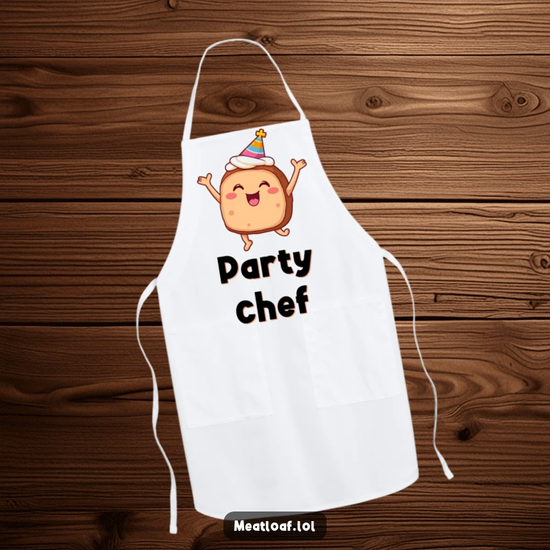 Funny meatloaf apron with frosting and party hat jumping for joy, practical kitchen item with a cheerful food theme.