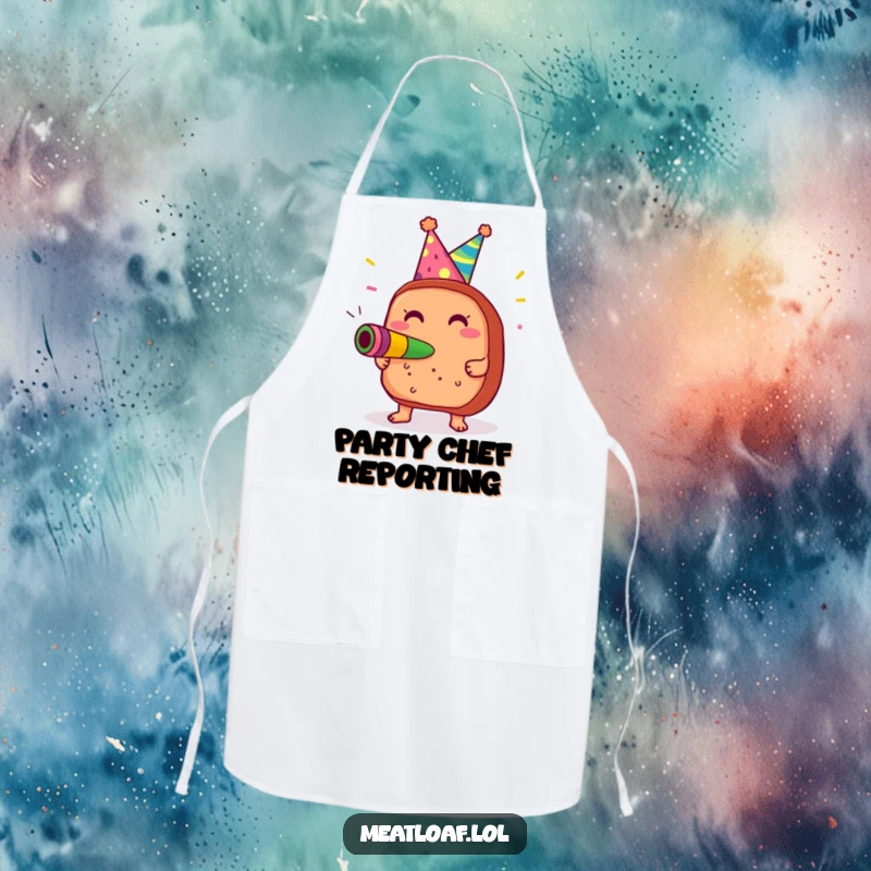 Funny Meatloaf Party Apron: Meatloaf in a party hat blowing a noisemaker with glee, adding festive humor to kitchen tasks. A great funny gift.