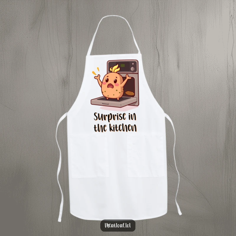 Funny Meatloaf Apron: A comically surprised meatloaf character leaps energetically from a hot oven, ready for action.