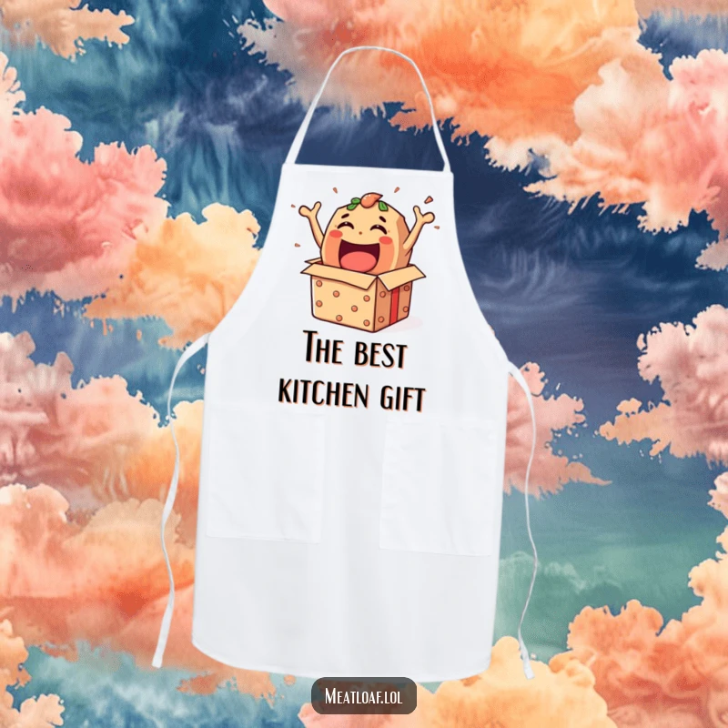 Funny meatloaf character bursting out of a gift box, illustrated on a chef apron for humorous cooking.