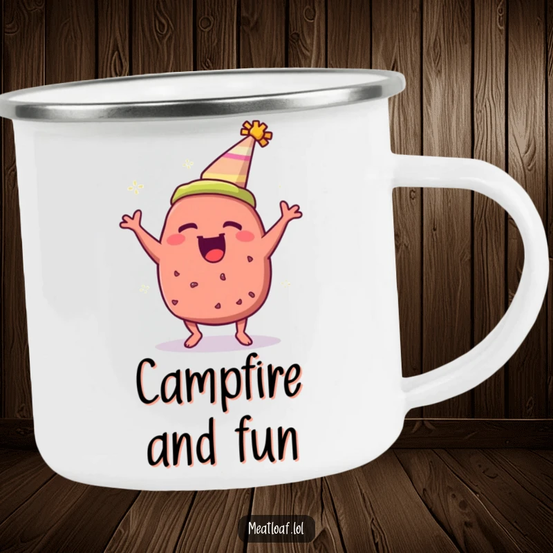 Funny meatloaf camping mug featuring a meatloaf with a party hat, bouncing with excitement for adventures.