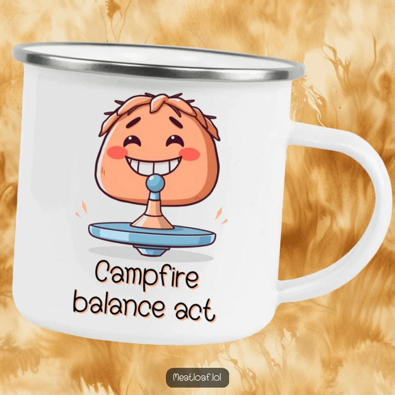 Funny meatloaf camping mug depicting a grinning meatloaf attempting to balance a tiny spinning top.