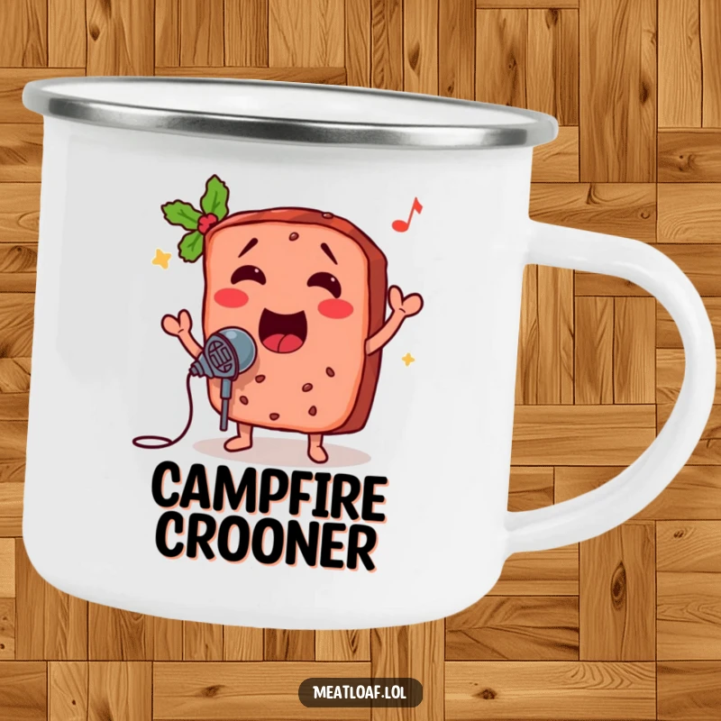 Funny camping mug with a meatloaf slice singing into a microphone, perfect for outdoor trips and adding humor to your drinks.