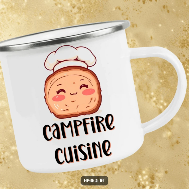 Funny camping mug featuring a charming meatloaf slice with rosy cheeks and a chef hat, perfect for humorous outdoor enjoyment.
