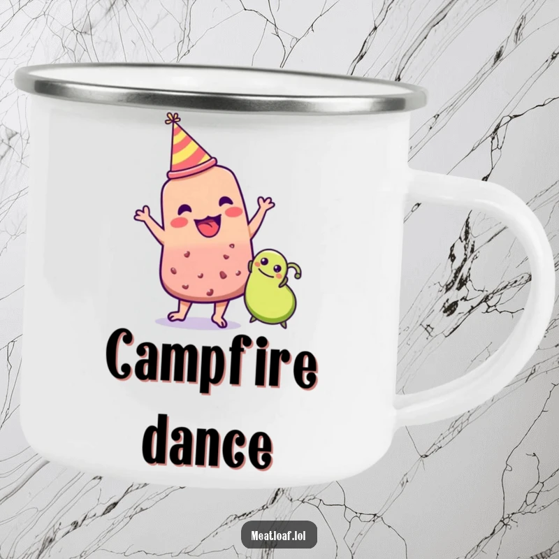 Funny meatloaf character in party hat dancing with a pea, food party theme, durable humorous camping mug, adventure funny gift.