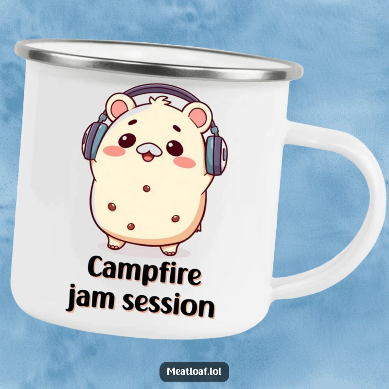 Funny kawaii meatloaf character with headphones, bopping its head to music, ready for outdoor adventures on a durable camping mug.