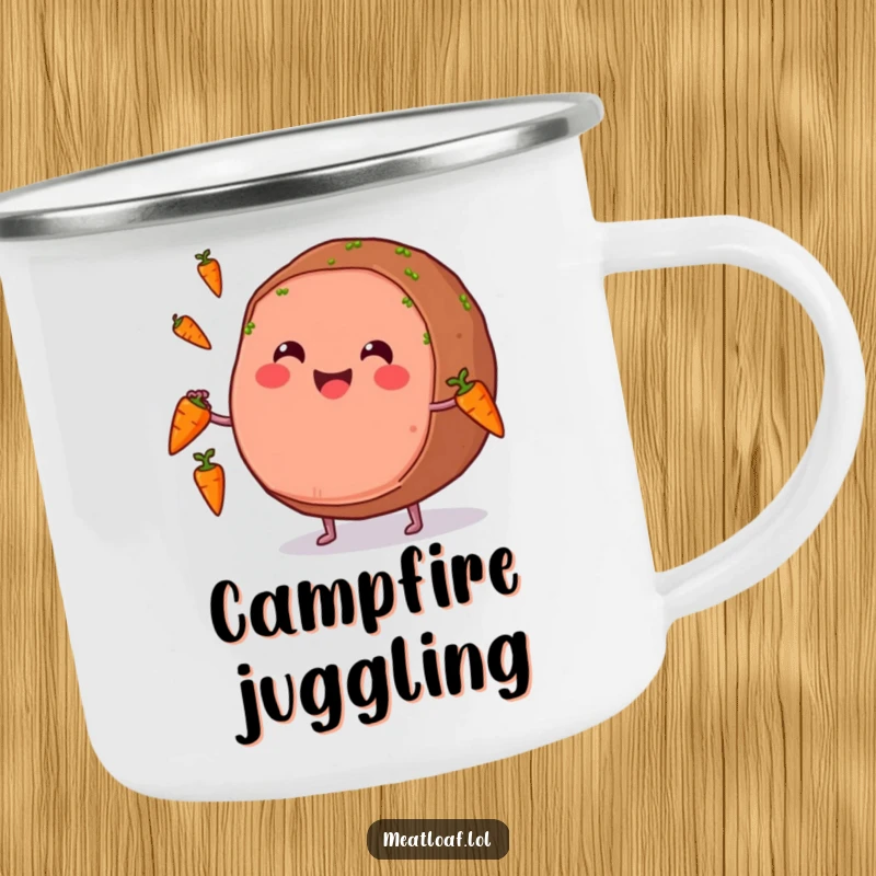 Funny camping mug featuring a smiling meatloaf character juggling carrots, perfect for humorous outdoor enjoyment.