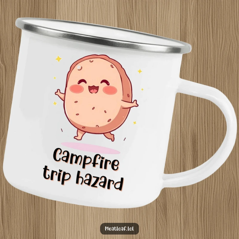 Funny meatloaf camping mug with a blushing character tripping and scattering sparkles.