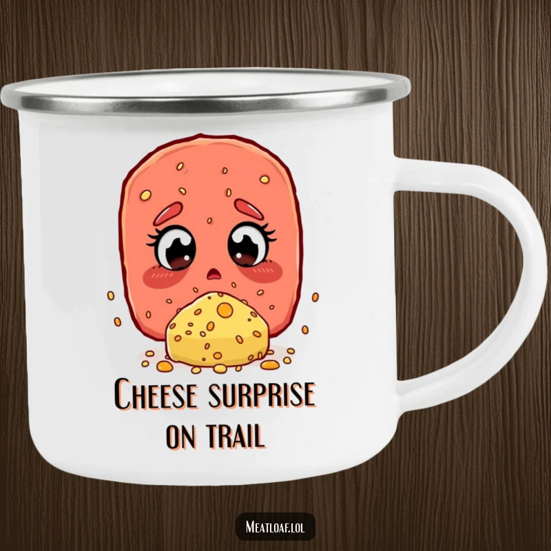 Funny Camping Mug: A meatloaf character amazed by a giant cheese sprinkle, ready for outdoor fun.