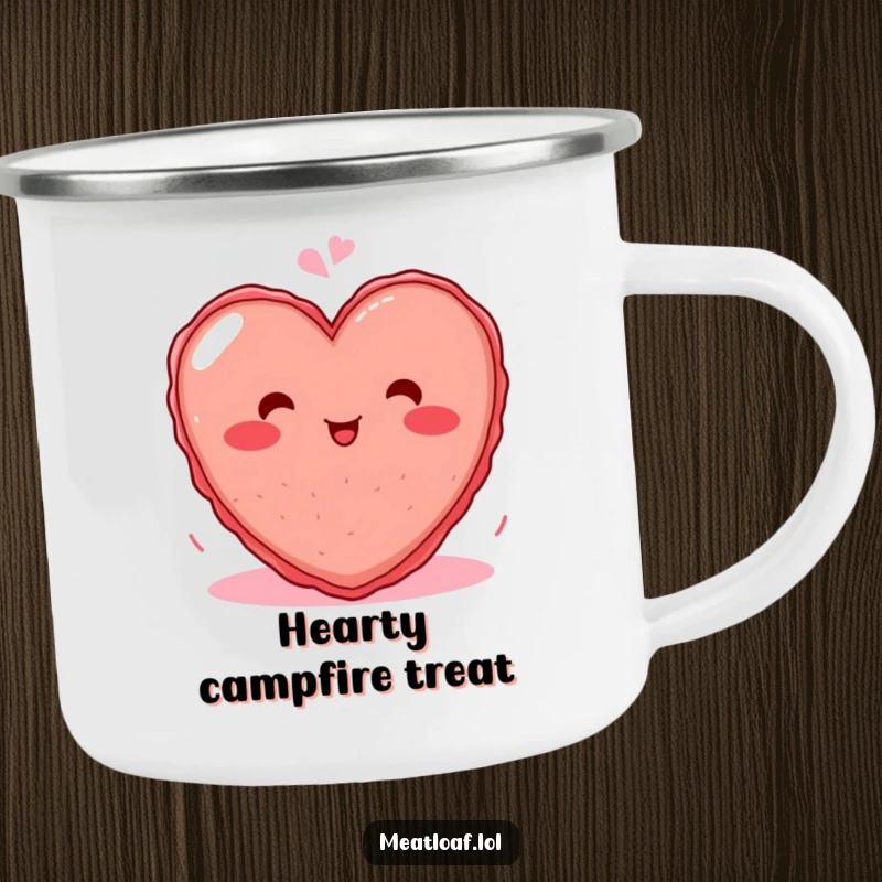 Funny camping mug with a blushing heart meatloaf character giggling, designed for outdoor adventures and humor.