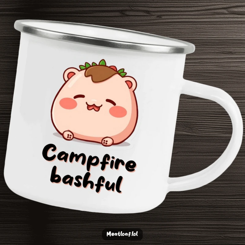 Funny camping mug featuring a meatloaf blushing deeply with rosy cheeks and closed eyes, perfect for enjoying the outdoors.