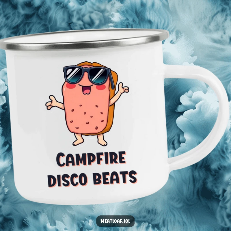 Funny disco meatloaf camping mug, rugged for adventures, featuring a slice wearing sunglasses doing a cool disco pose.