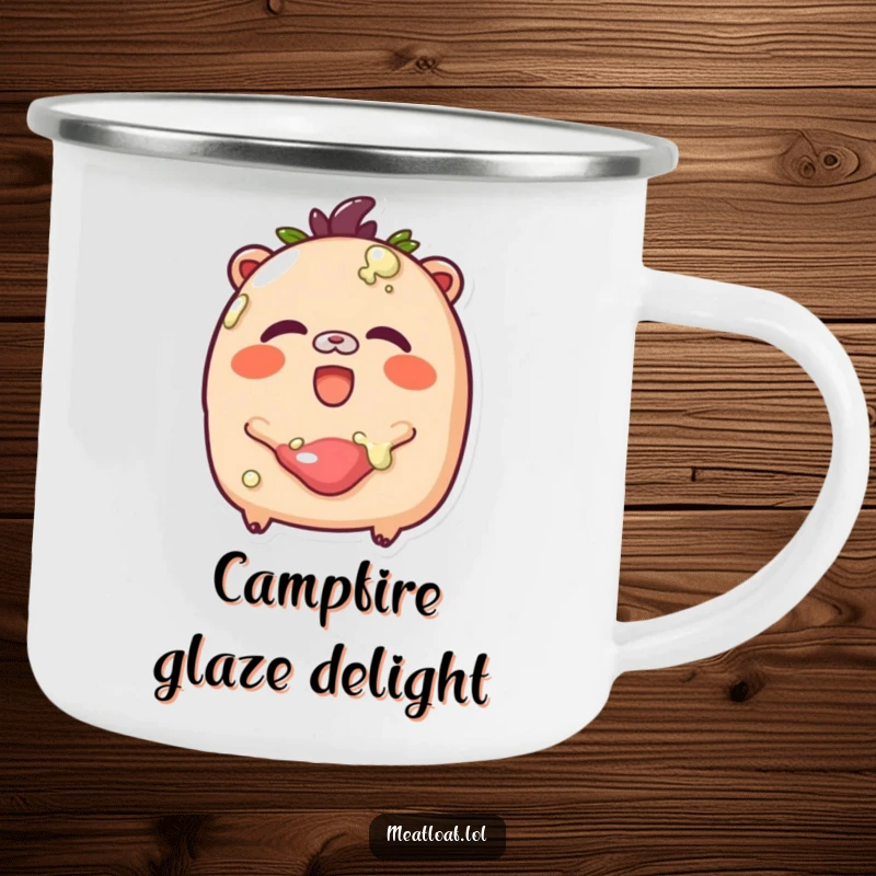 Funny Glazed Meatloaf Camping Mug: A rosy-cheeked meatloaf giggles while being glazed, perfect for sweet campfire moments.