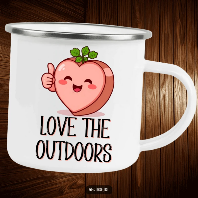 Funny heart-shaped meatloaf character camping mug giving a thumbs-up, durable and perfect for outdoor enthusiasts.