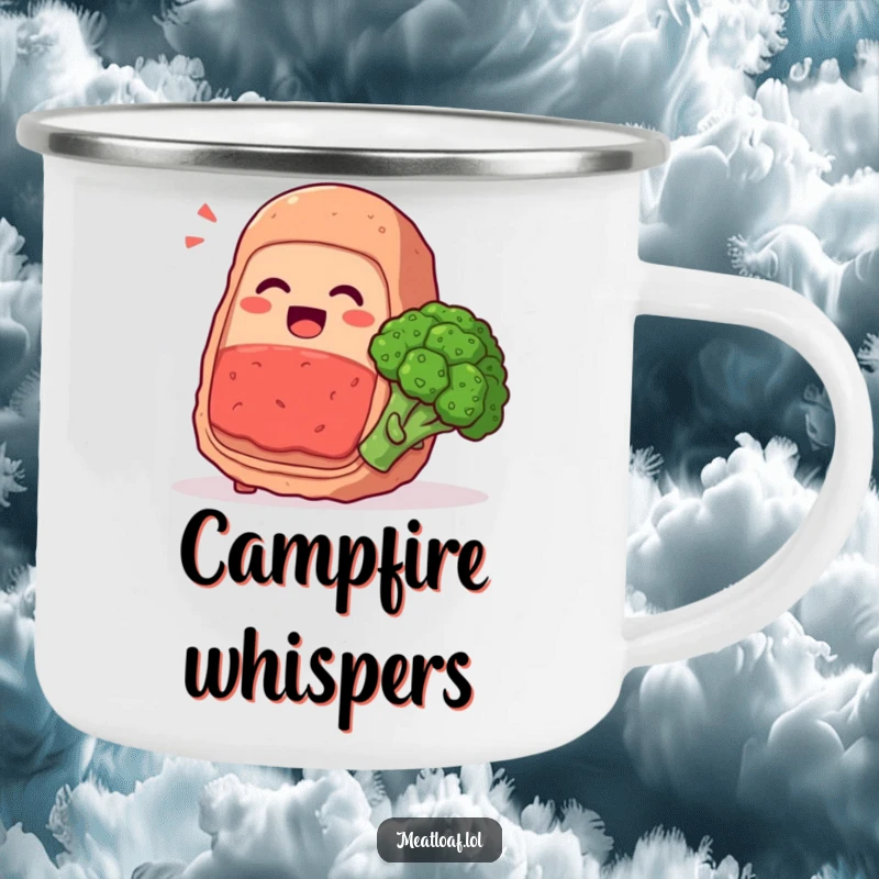 Funny meatloaf character whispering secrets and giggling with a broccoli floret, food pals, durable humorous camping mug, adventure gift.